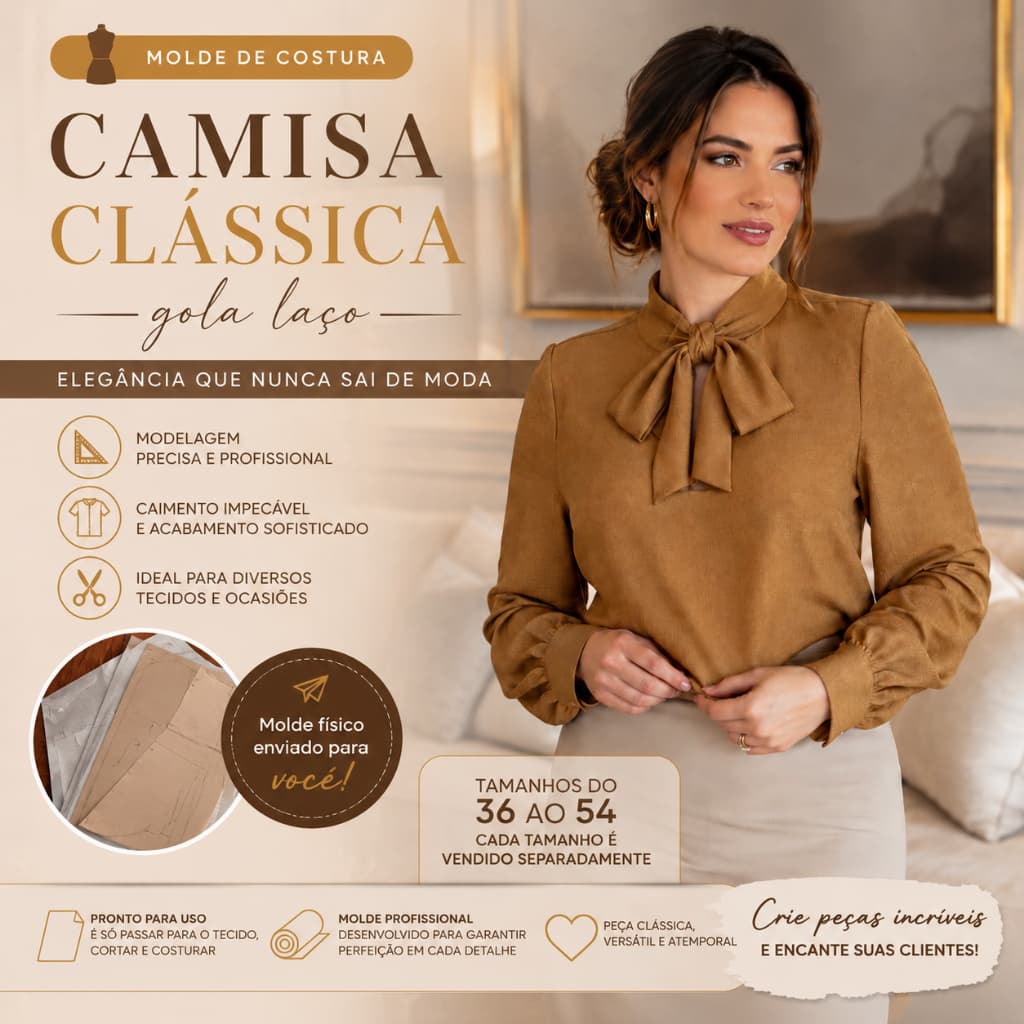 Molde de Costura Camisa Clássica Gola Laço Feminina | Modelagem Profissional 36 ao 54