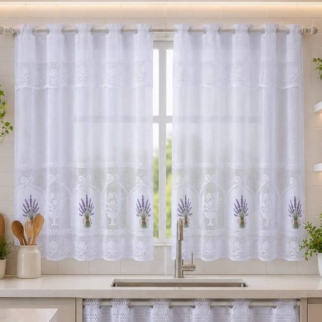 Cortina Para Cozinha Com Bandô Renda Branca Estampada Café Bule / Vaquinha / Lavanda / Utensílios De Cozinha
