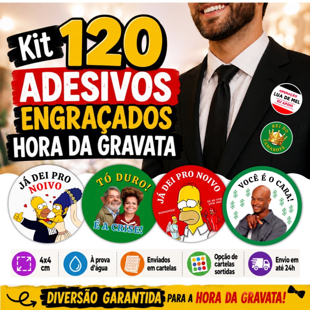 Kit 120 Adesivos Divertidos Hora da Gravata Casamento Lua De Mel Já Dei Pro Noivo 4x4cm