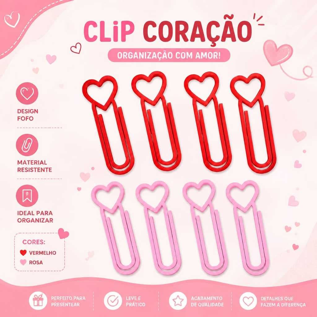 Conjunto 10 Clips de Coração Marcador de Página Colorido Impressão 3D