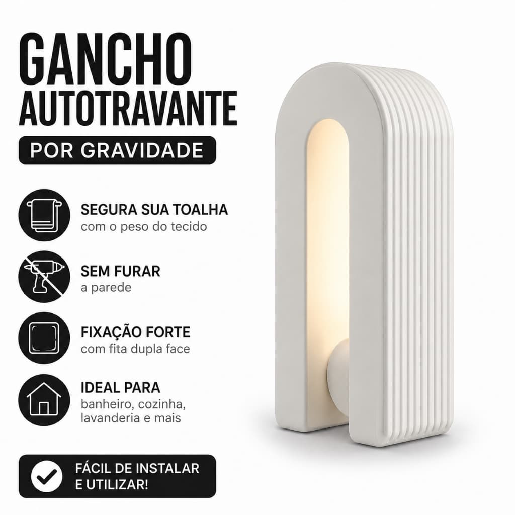 Gancho Porta Toalha Adesivo por Gravidade Sem Furar Parede | Suporte Toalha Banheiro Cozinha Lavanderia Autotravante