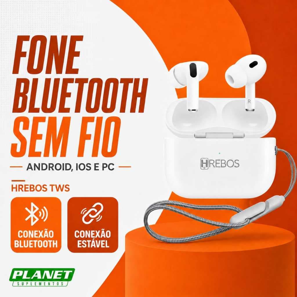 Fone Bluetooth Sem Fio Earbuds TWS Branco com Microfone e Case Carregador Hrebos EB-009 Compativel IOS
