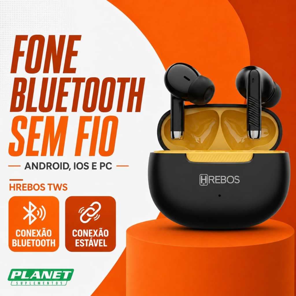 Fone Bluetooth Sem Fio Earbuds TWS Pure Sound Hrebos EB-400 Preto e Amarelo com Microfone Wireless