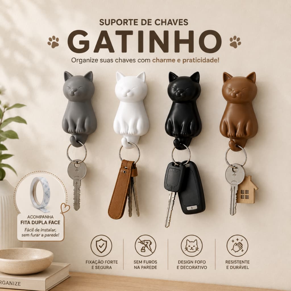 Gancho Decorativo Gato Kit 3 Un | Porta-Chaves Acessórios Fofo Gatinho Ganchos de Parede Gatinhos