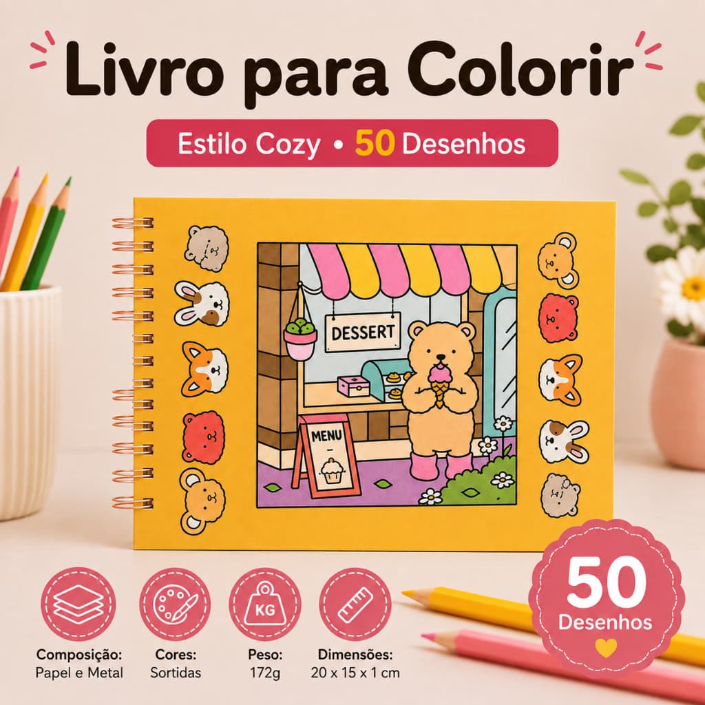 Livro para Colorir com 50 Desenhos estilo Cozy Folha Protetora