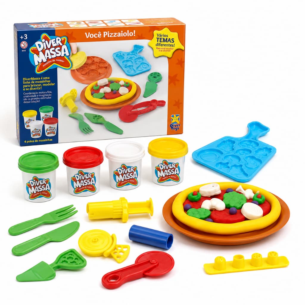 Kit Massinha De Modelar Pizzaria Diver Massa Pizzaiolo Potes 4 Cores 200g Soft Brinquedo Com Acessórios Moldes Forminha
