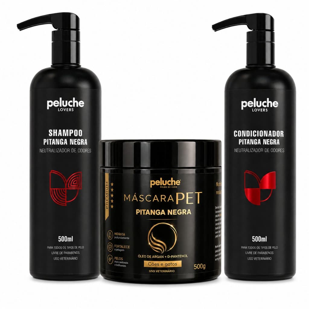 Kit Banho Pet Shampoo Eliminador Odores Condicionador Máscara Pitanga Negra Peluche Cães Gatos