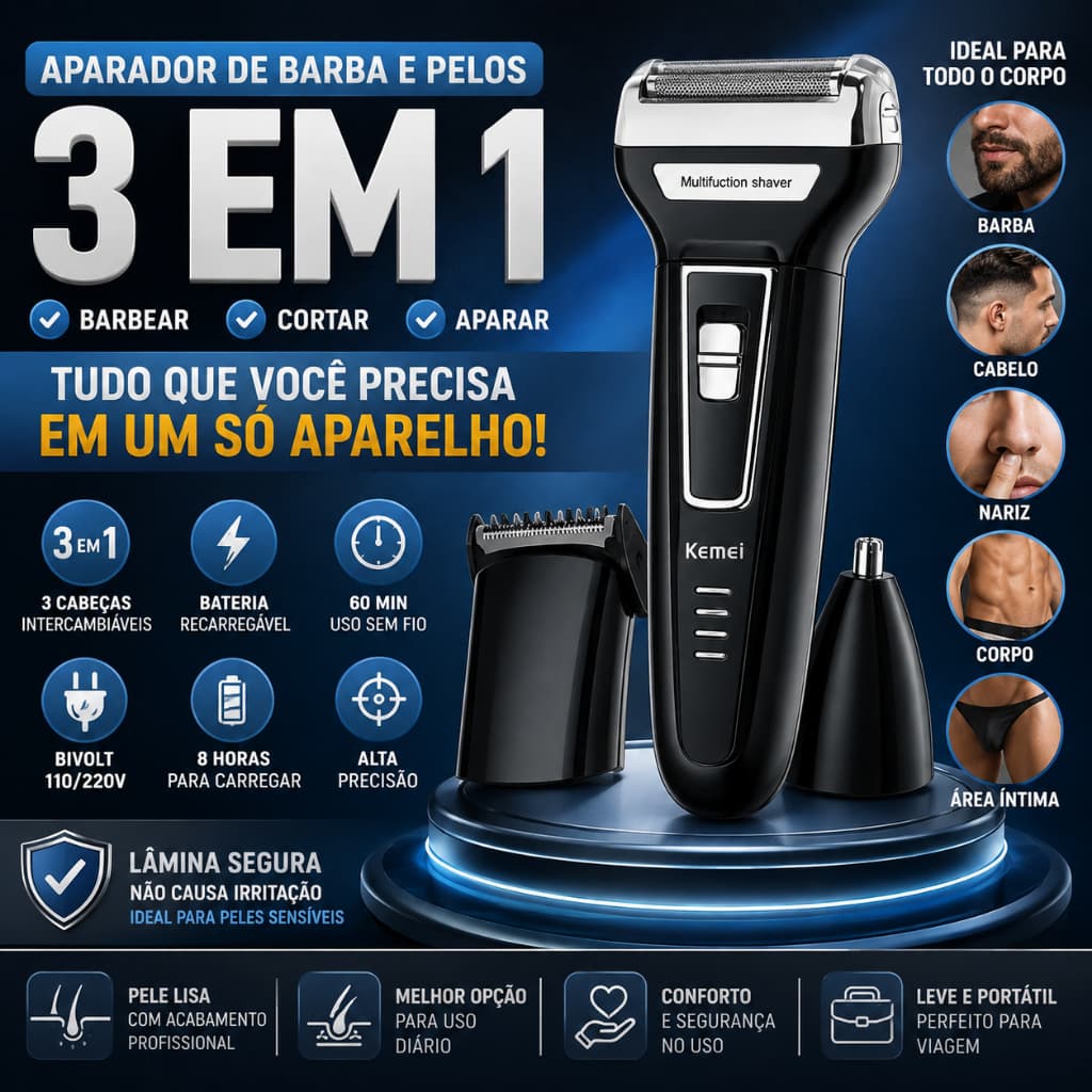 Aparador de Barba Kemei 3 em 1 Recarregável Bivolt Barbeador Elétrico Aparador de Nariz Sem Fio