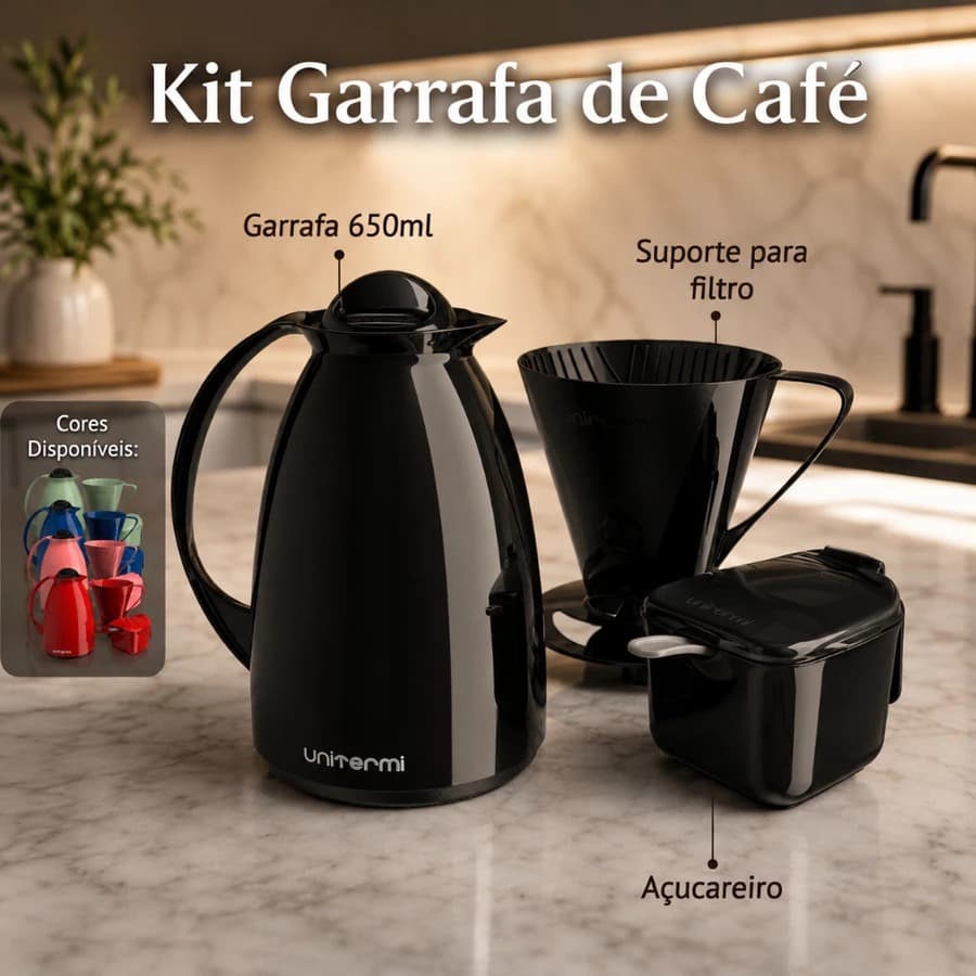 Kit De Cafe Pratico Unitermi Garrafa Termica Florenca Com Suporte Para Filtro 102 103 E Acucareiro Mesa