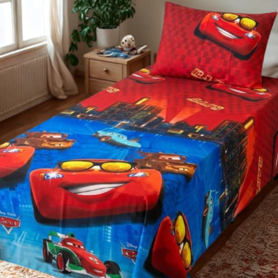 Kit Jogo de Lençol Infantil 2 Peças Personagens Estampado Carros Fronha Cama Solteiro