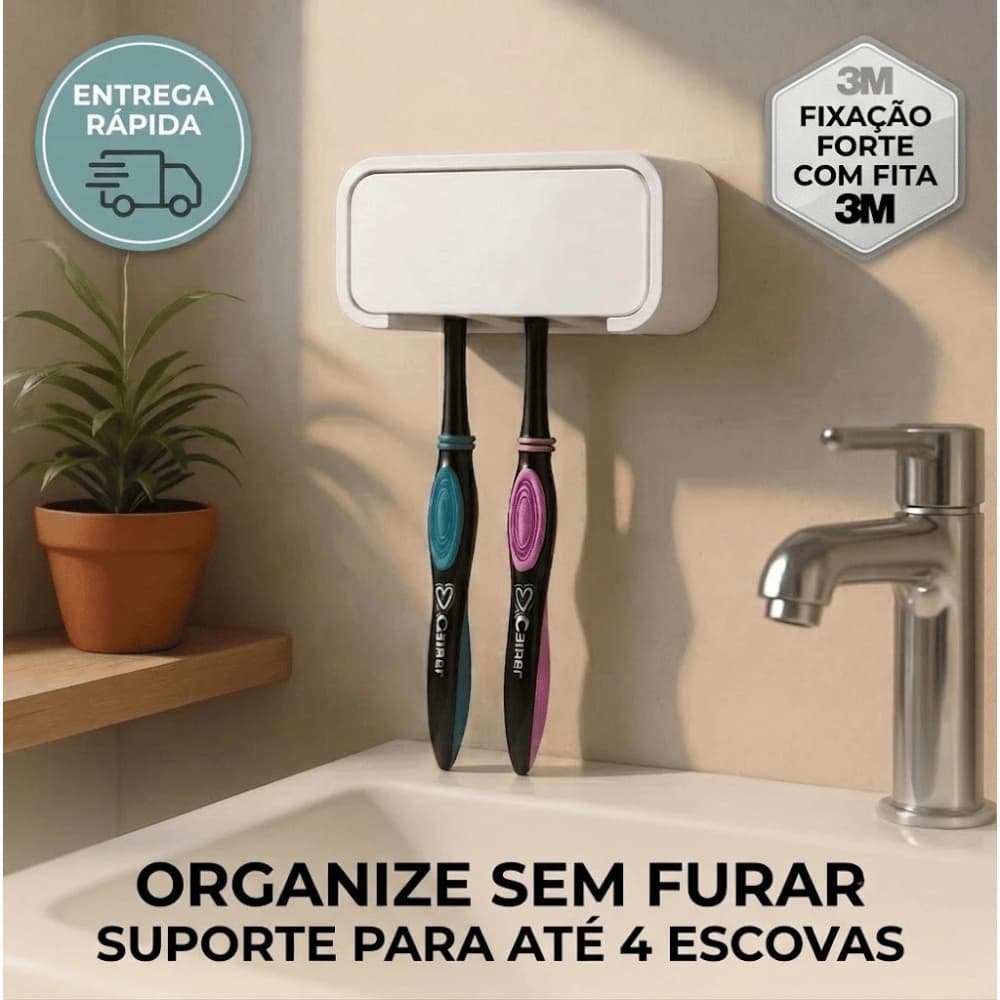 Porta Escovas de Dente Parede Fixação Sem Furo Suporte Para até 4 Escovas com Fita Dupla Face Forte