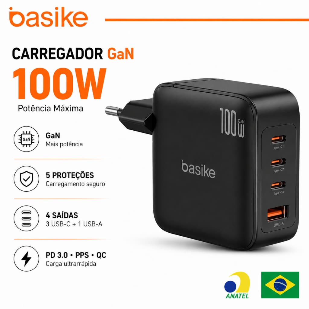 Basike Carregador Turbo GaN 100W 4 Portas 3 USB-C USB-A PD PPS QC Carregador Rápido iPhone 16 15 Samsung Notebook