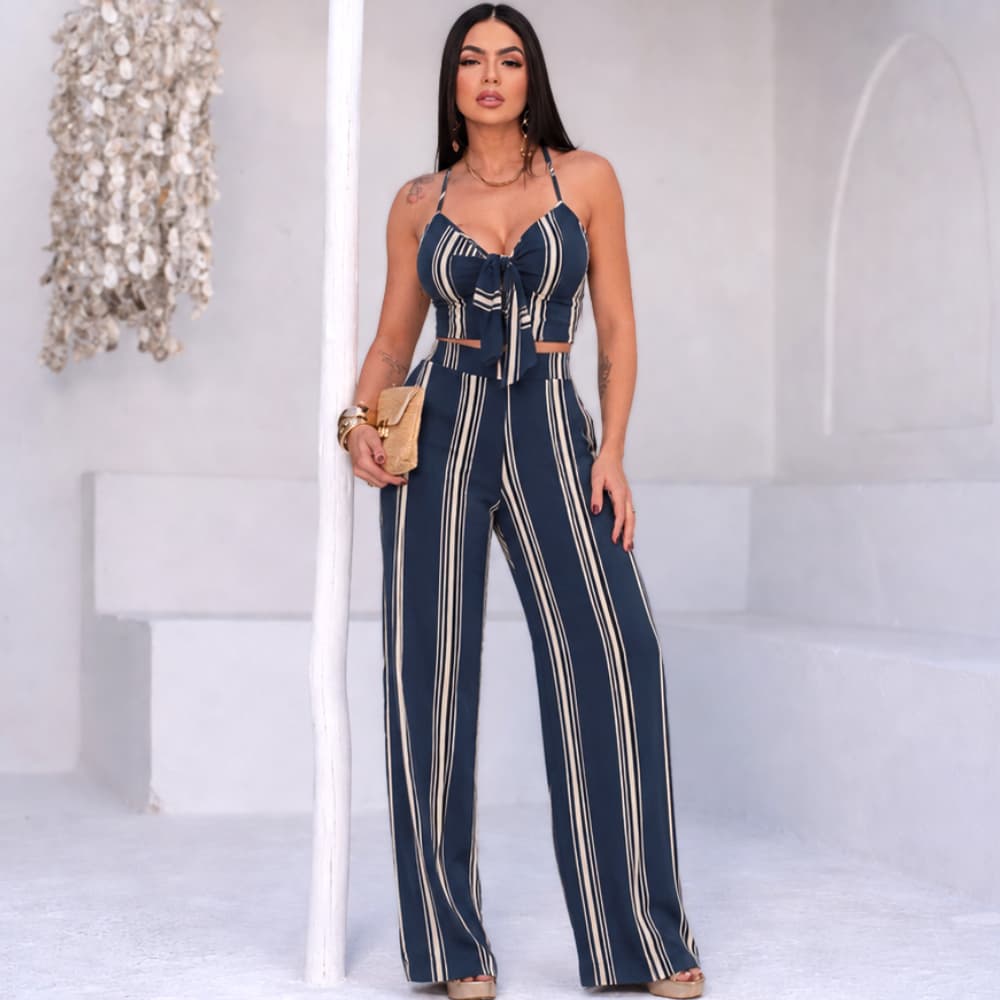 CONJUNTO CALÇA PANTALONA E CROPPED, Conjunto Listrado Feminino Elegante Social No, Tecido Premium.