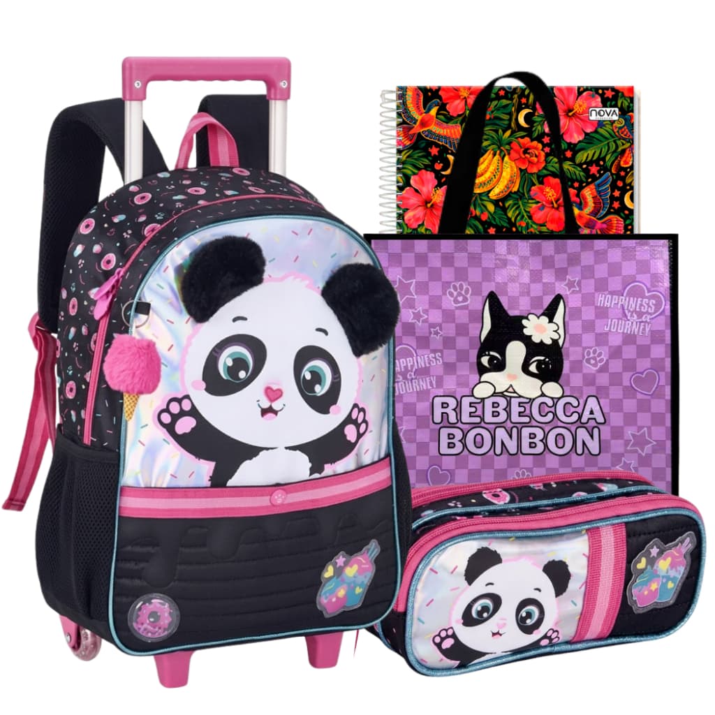 Kit Mochila Escolar Panda Clio com Compartimento Espaçoso e Bolsos Laterais Cute com Estojo