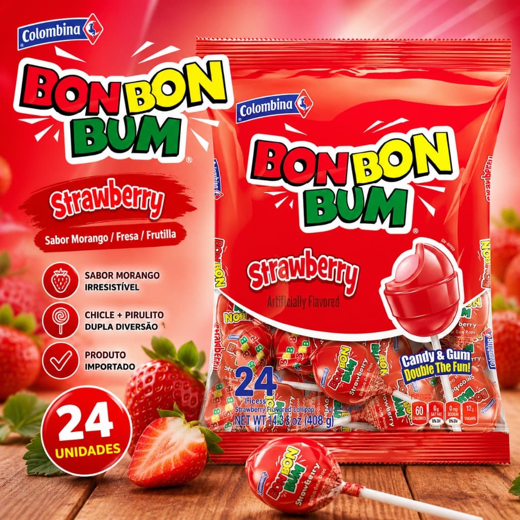 Pirulito Importado Bon Bon Bum Sabor Morango/ Fresa/ Frutilla (Sacola De 24 Unidades)