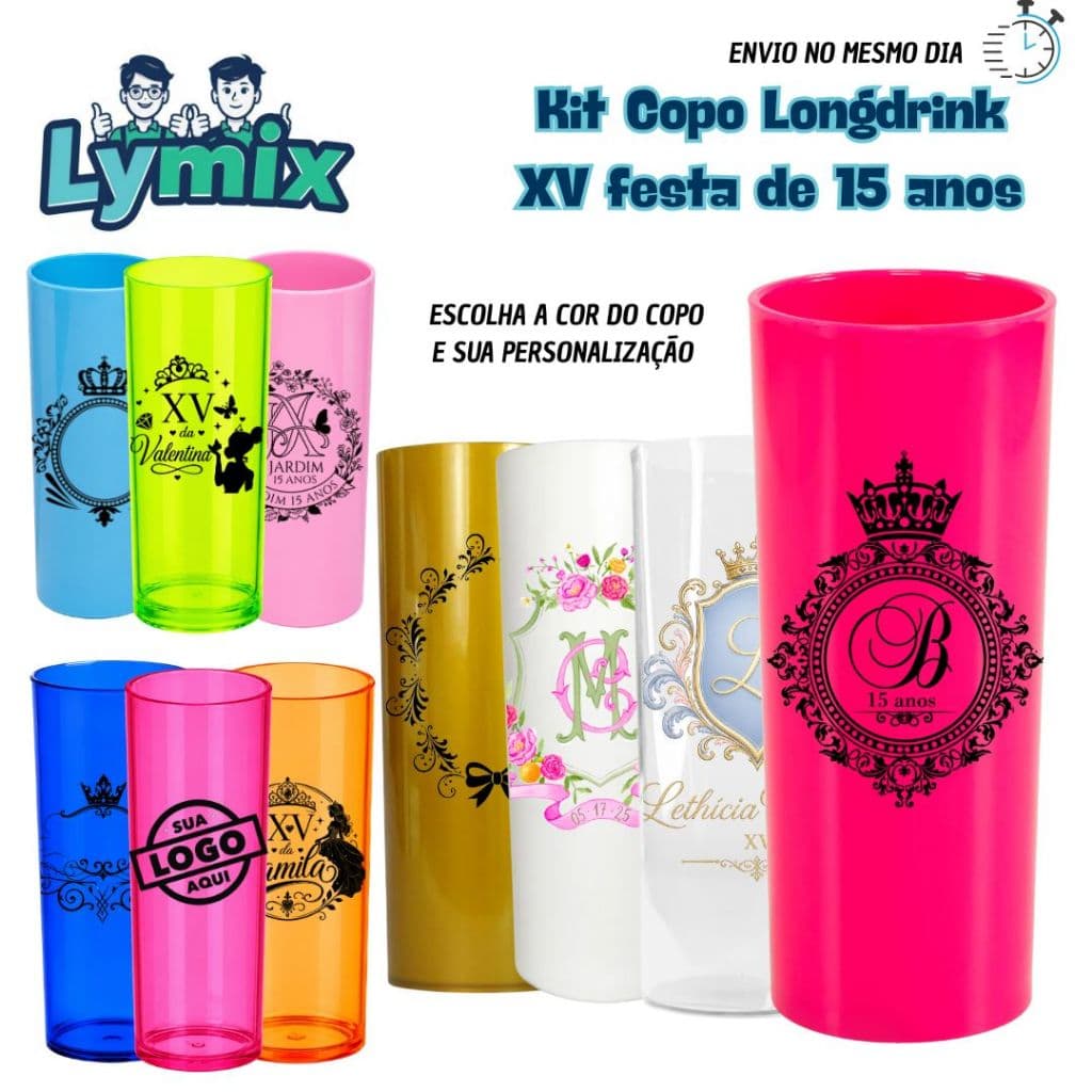 Kit a Partir de 10 Unid copo Long Drink 300ML 15 Anos Personalizado - qualquer tema - Lembrancinha - aniversário-festa