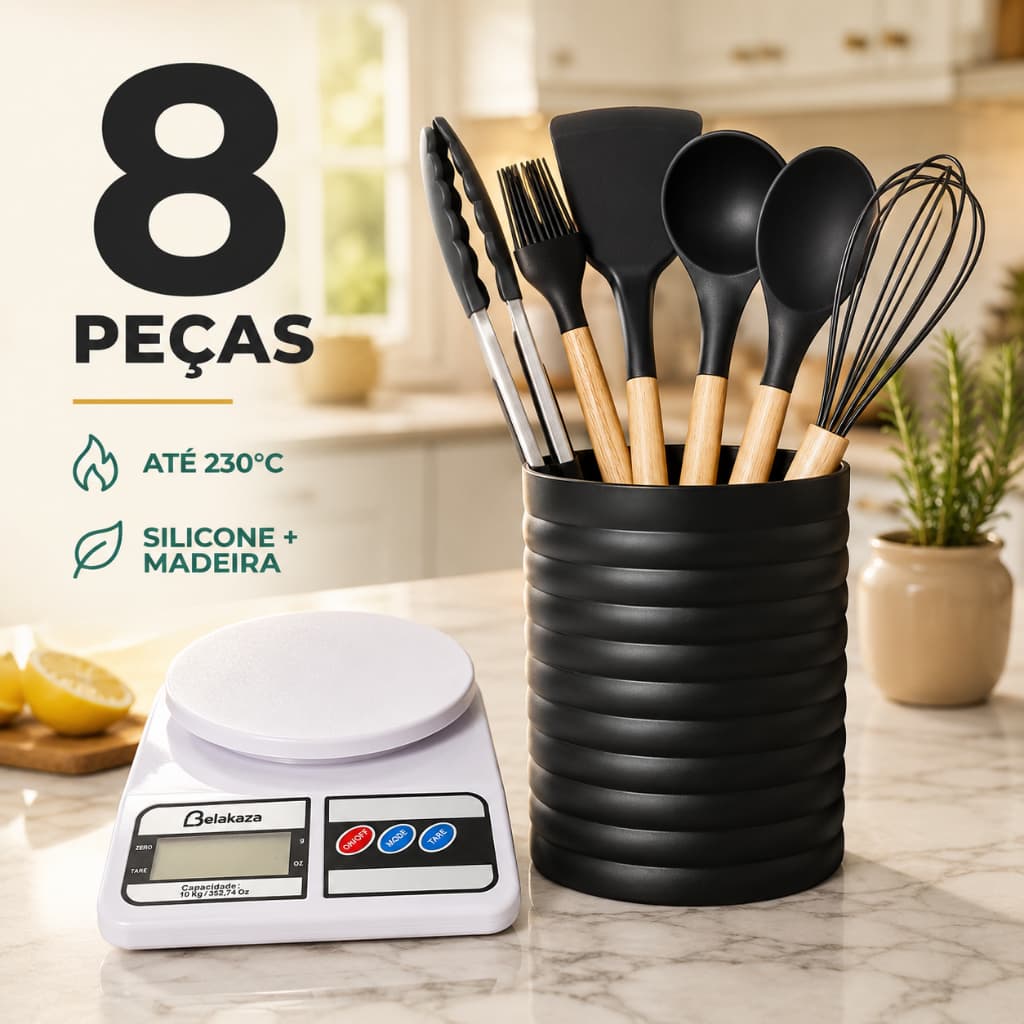 Jogo Kit 8 Utensílios De Cozinha Silicone Cabo De Madeira e Balança Digital De Precisão 10kg Conjunto Cozinha Domestico