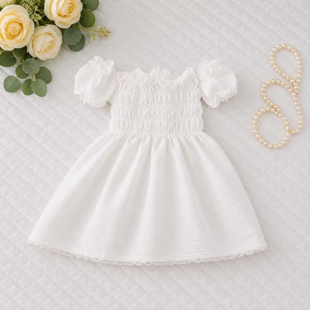 Vestido Infantil Branco Tecido Duna Ombro a Ombro Renda Dourada 1 a 3 Anos