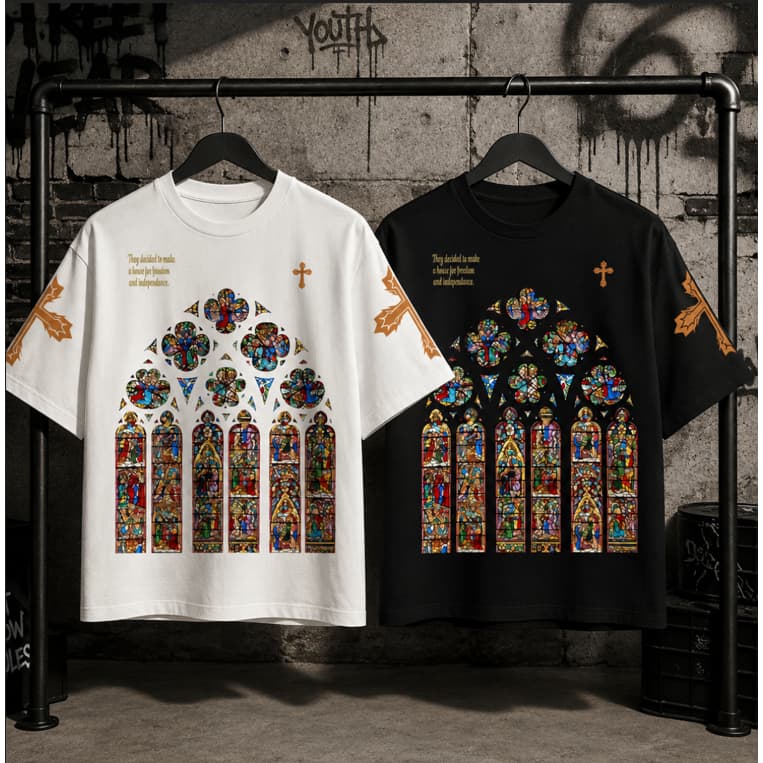 Kit 02 Camiseta Larga Oversized Unissex  Estampa Vitral Fashion Street Premium 100% Algodão