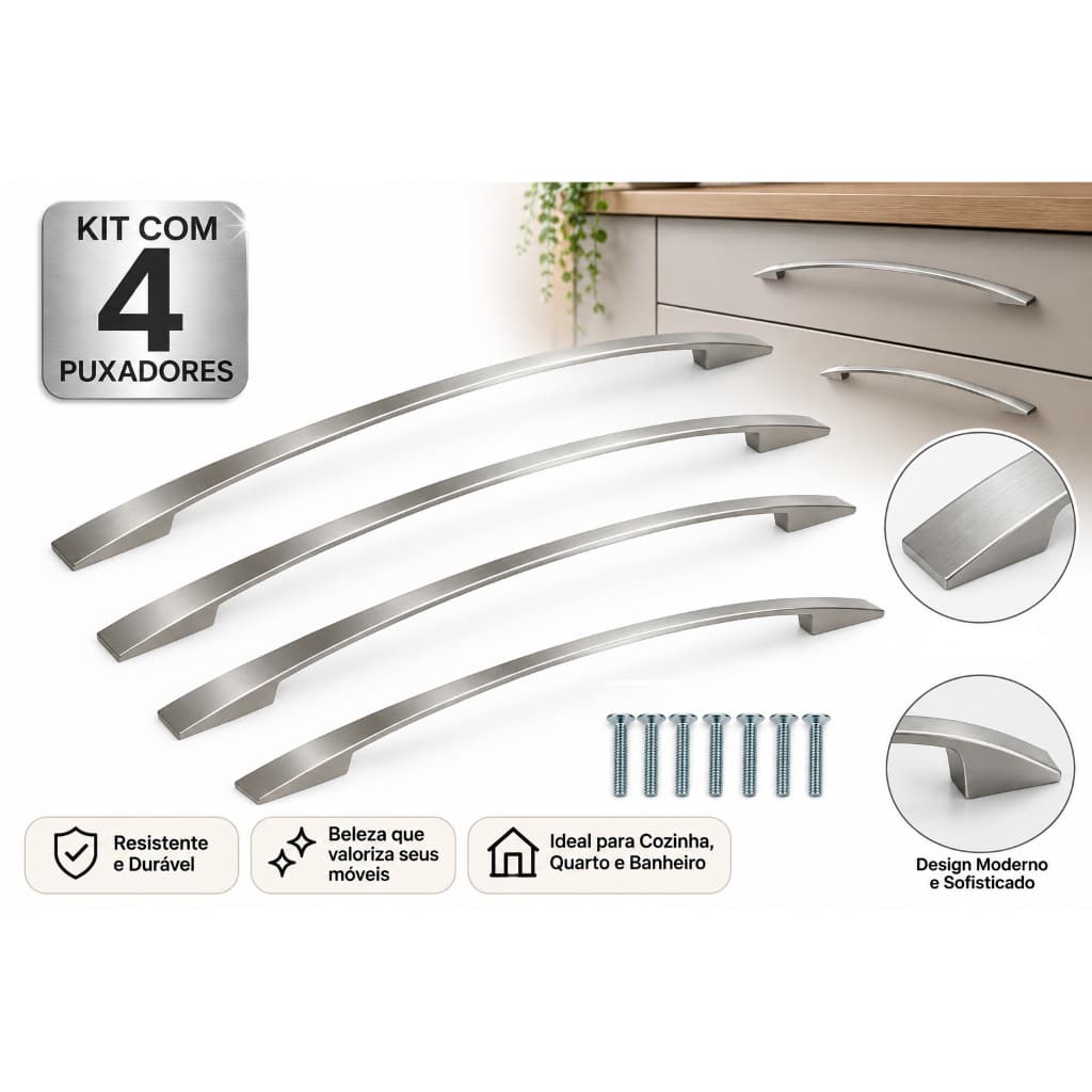 Kit 4 Puxadores Il 2092 Escovado 288mm Alça Curva Moveis Gavetas Portas Armarios
