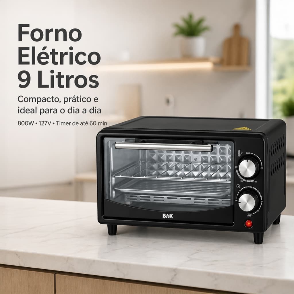 Forno Elétrico 9 Litros 110V 800W Compacto Timer 60 Min Controle de Temperatura Bancada Aço Inox
