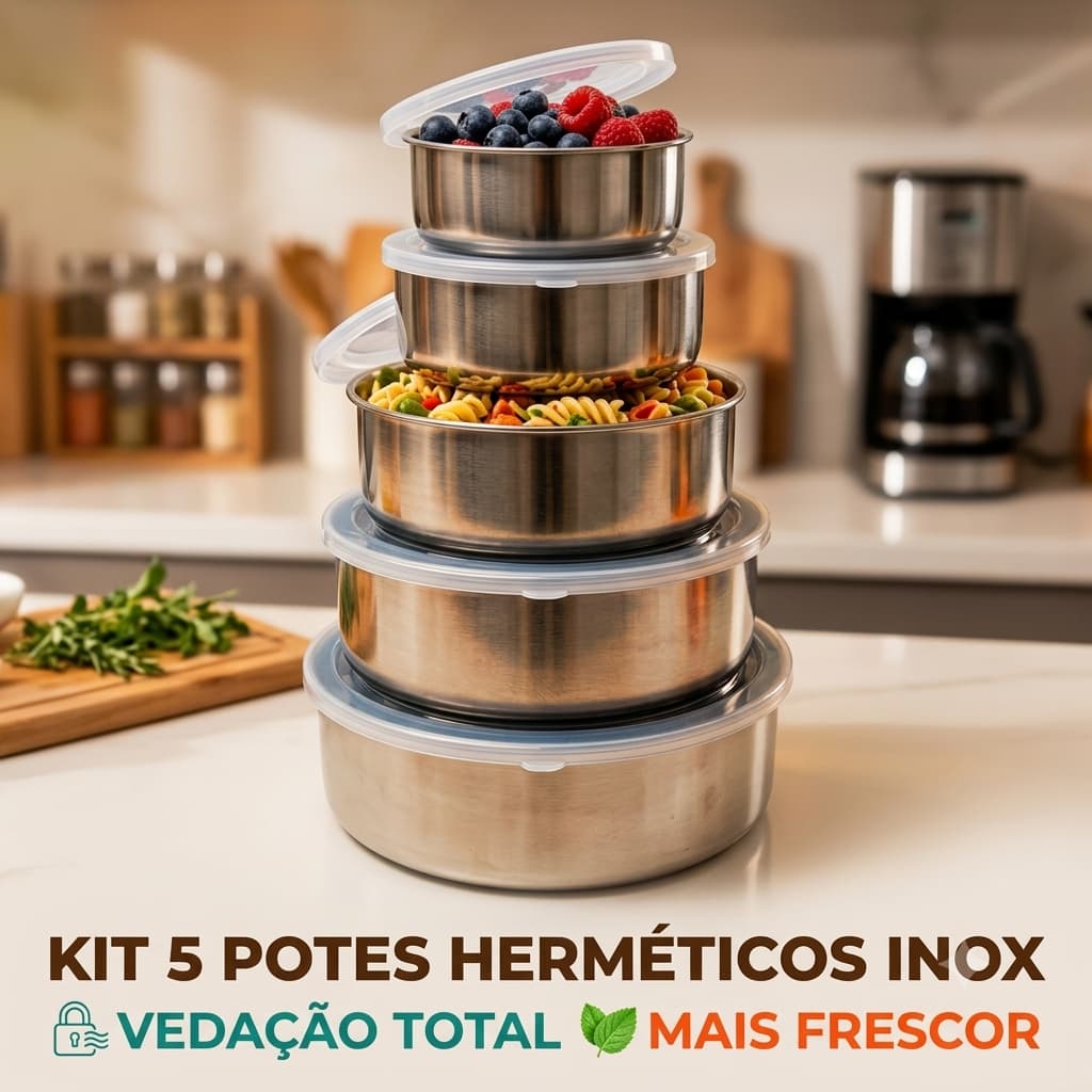 Kit 5 Potes Herméticos Vasilha Tigela Aço Inox Com Tampa Porta Mantimentos Cozinha