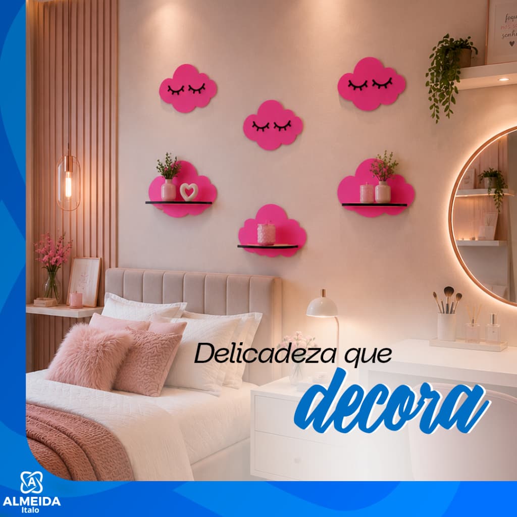 Kit Prateleiras Nuvem Rosa Decoração Infantil com Pelúcia e Almofadas Quarto e Decoração