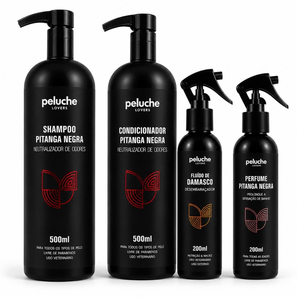 Shampoo Eliminador de Odores Condicionador Desembaraçador Perfume Pitanga Negra Peluche | Kit Banho Pet para Cães