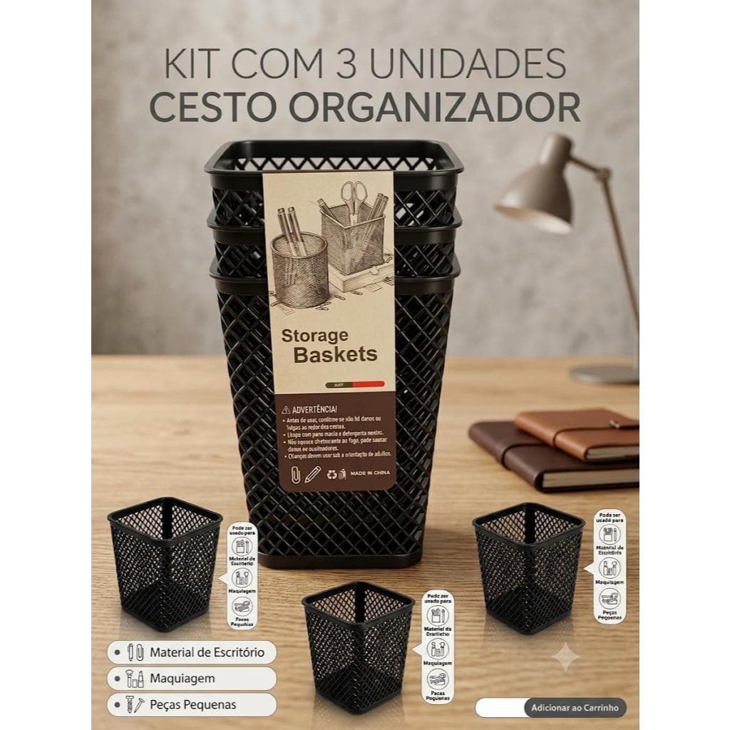 Kit 3 Cestos Organizadores Multiuso Porta Canetas Porta Lápis Material de Escritório Pincel de Maquiagem Escova de Cabel