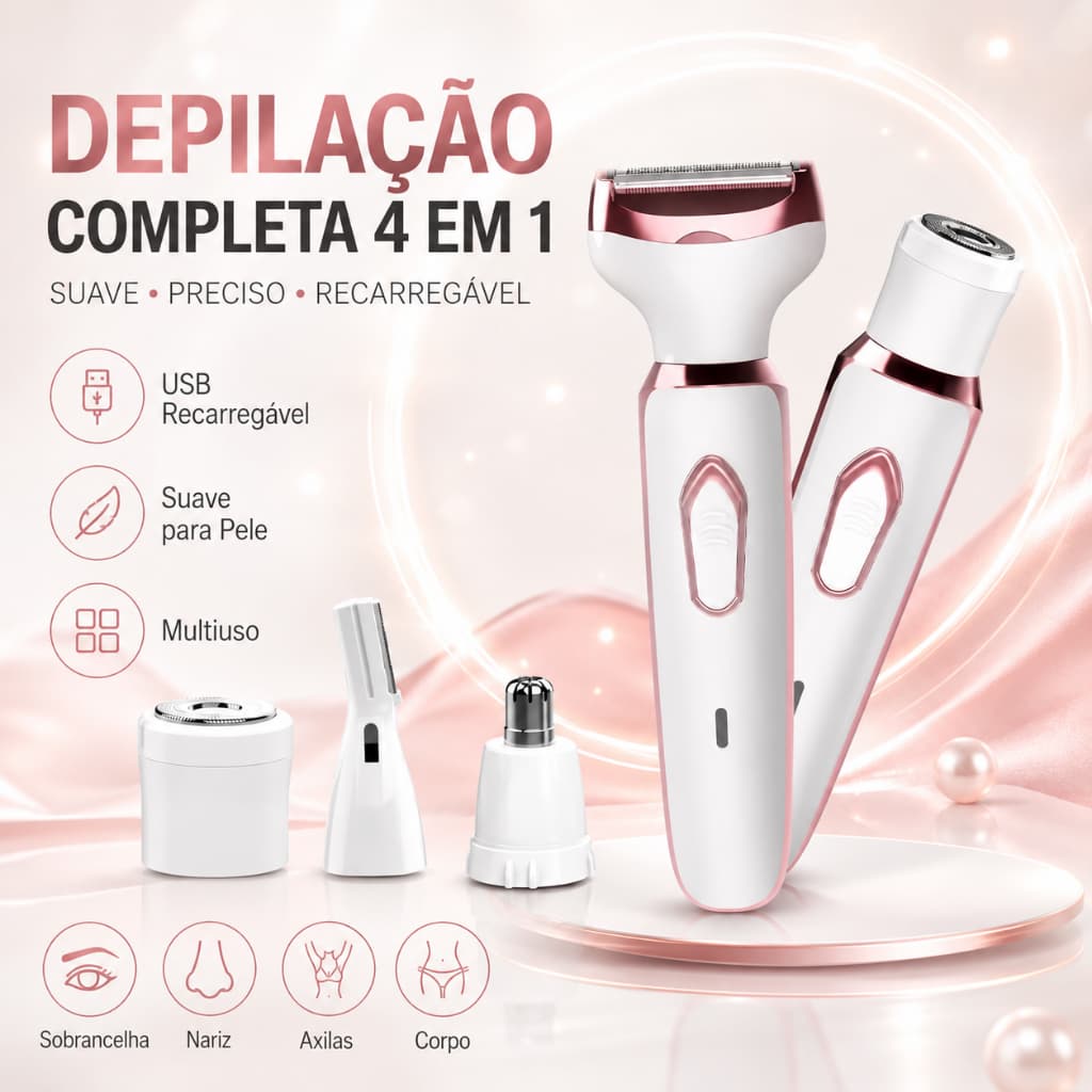 Depilador Feminino 4 em 1 Aparador Elétrico Recarregável USB Removedor de Pelos para Sobrancelha Nariz Axila Corpo