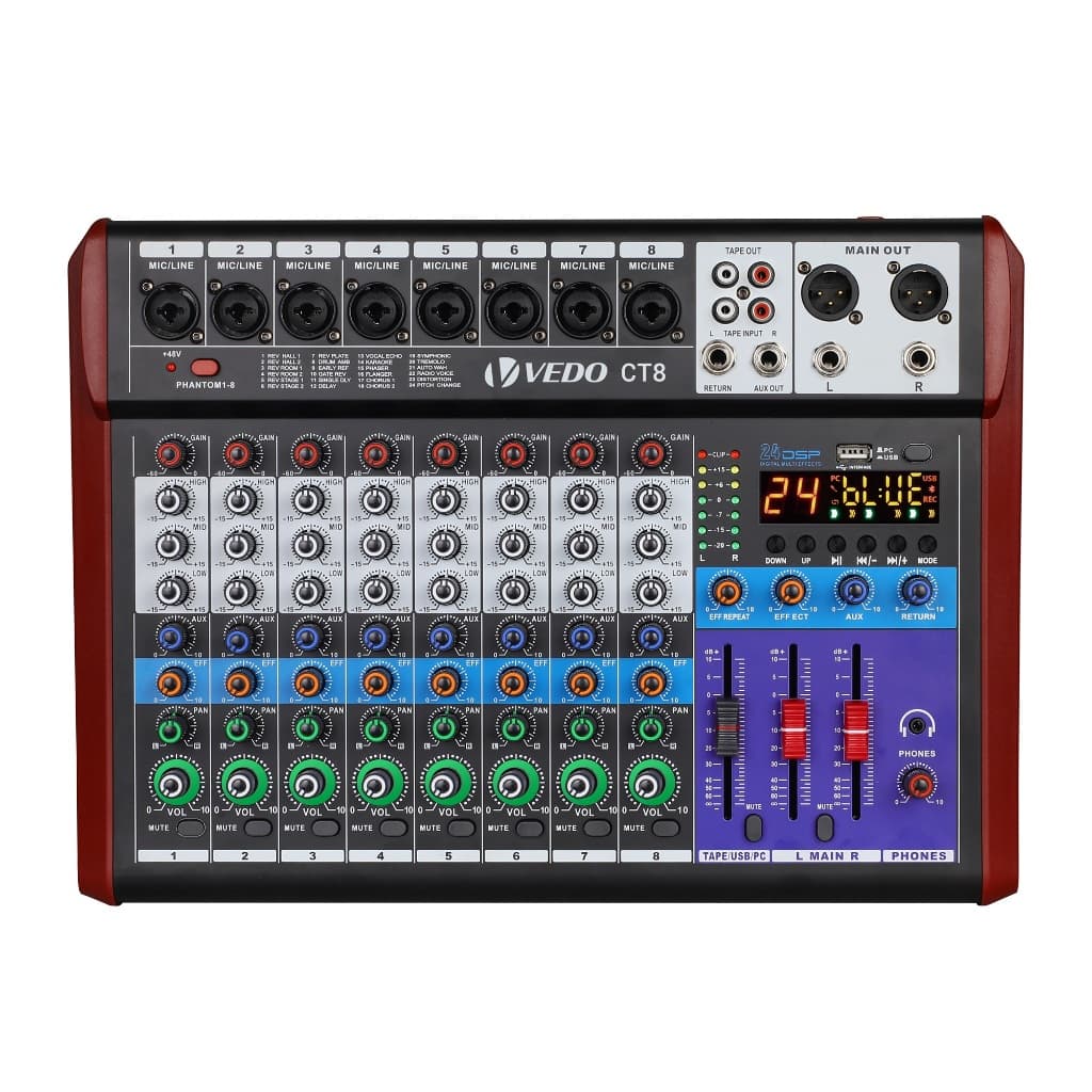 VEDO Mesa de Som Profissional 8 Canais 24 Efeitos DSP Digitais Bluetooth 5.0 Interface de Áudio USB