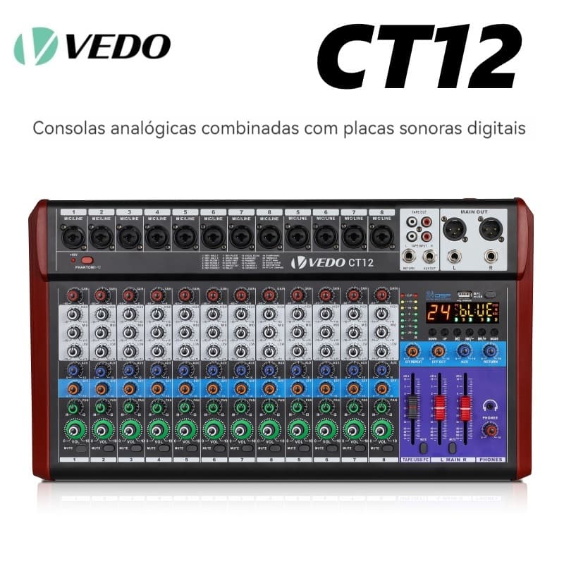 VEDO CT12 Mesa de Som Profissional 12 Canais 24 Efeitos DSP Digitais EQ de 3 Bandas para Live
