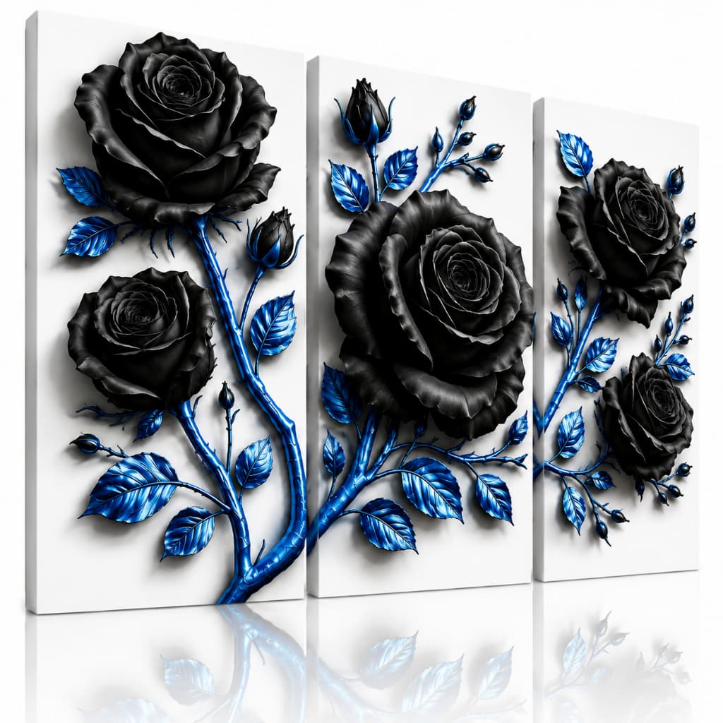 Kit 3 Quadros Decorativos Rosas Negras Azul Metálico Floral Moderno para Sala MDF 3mm