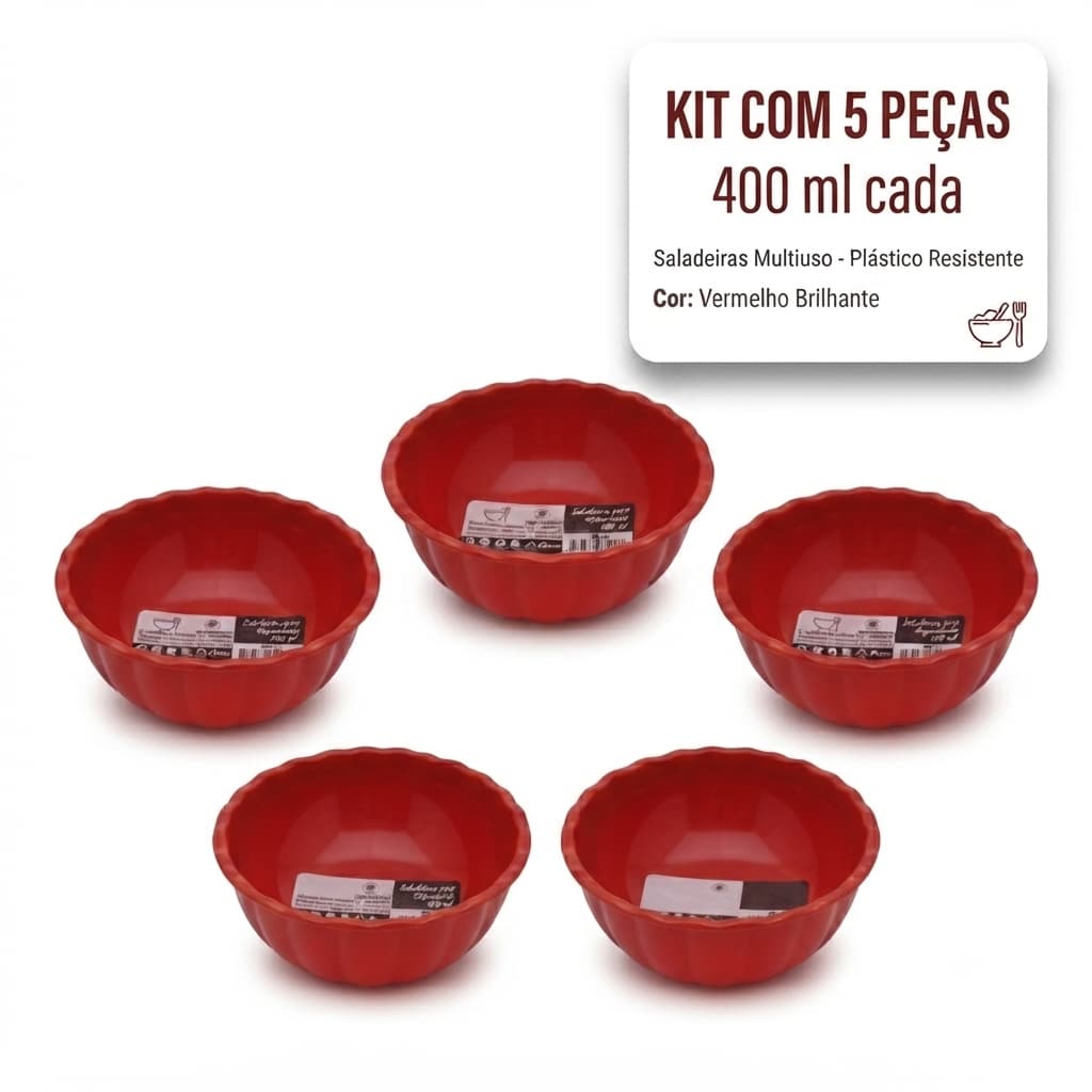 Kit 5 Tigelas 400ML 11X11X6CM Para Saladeira Travessa Servir Multiuso Redonda Bowl De Plástico Resistente