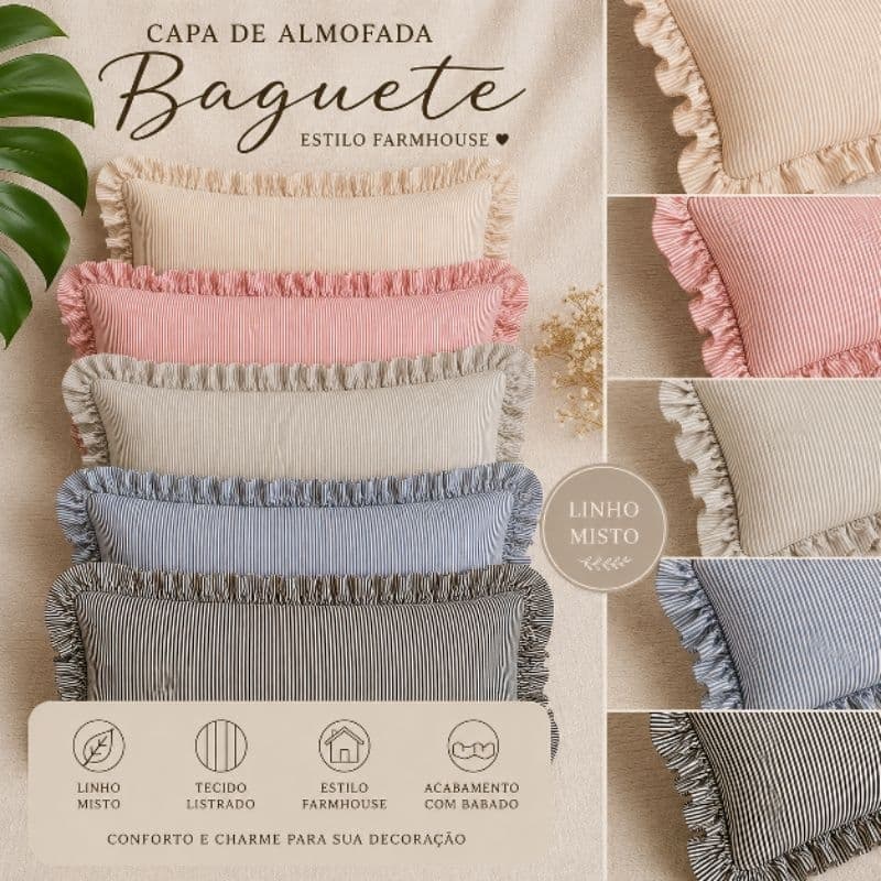 capa baguete estilo Farm house, linho misto, 30x50, listrada