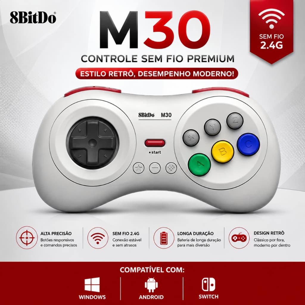 Controle Gamepad 8BitDo M30 Bluetooth para Nintendo Switch PC Windows Steam Android Estilo Sega Genesis Mega Drive