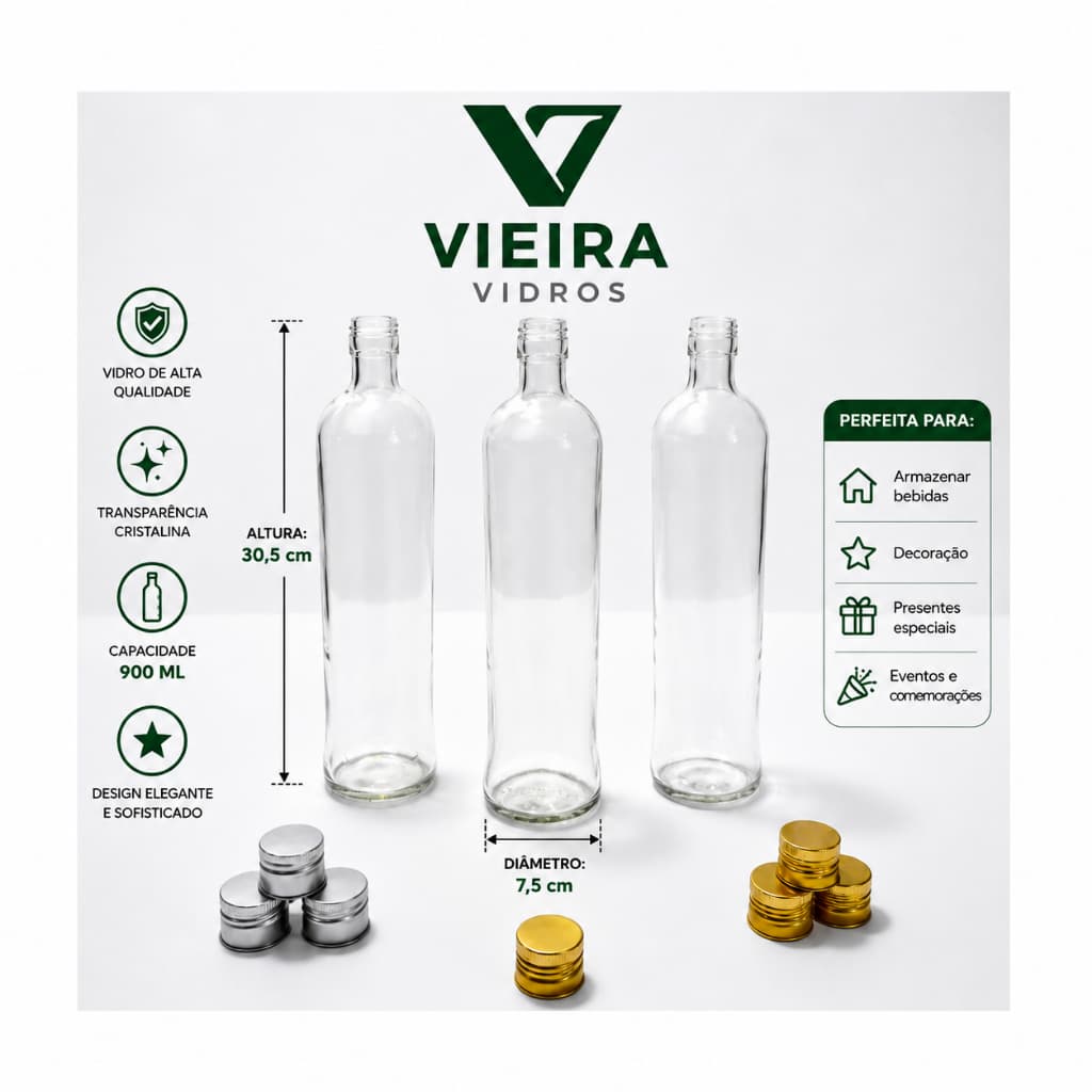 Kit 12 UN Garrafa de vidro 900ml para Água e Licores.