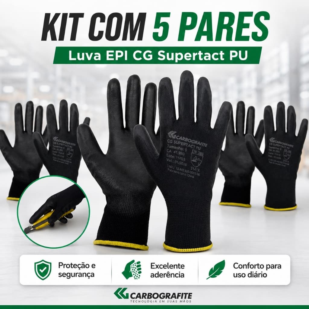 Kit 5 Pares Luva  de Segurança EPI Carbografite CG Supertact PU Tam 10 Luvas Proteção Trabalho