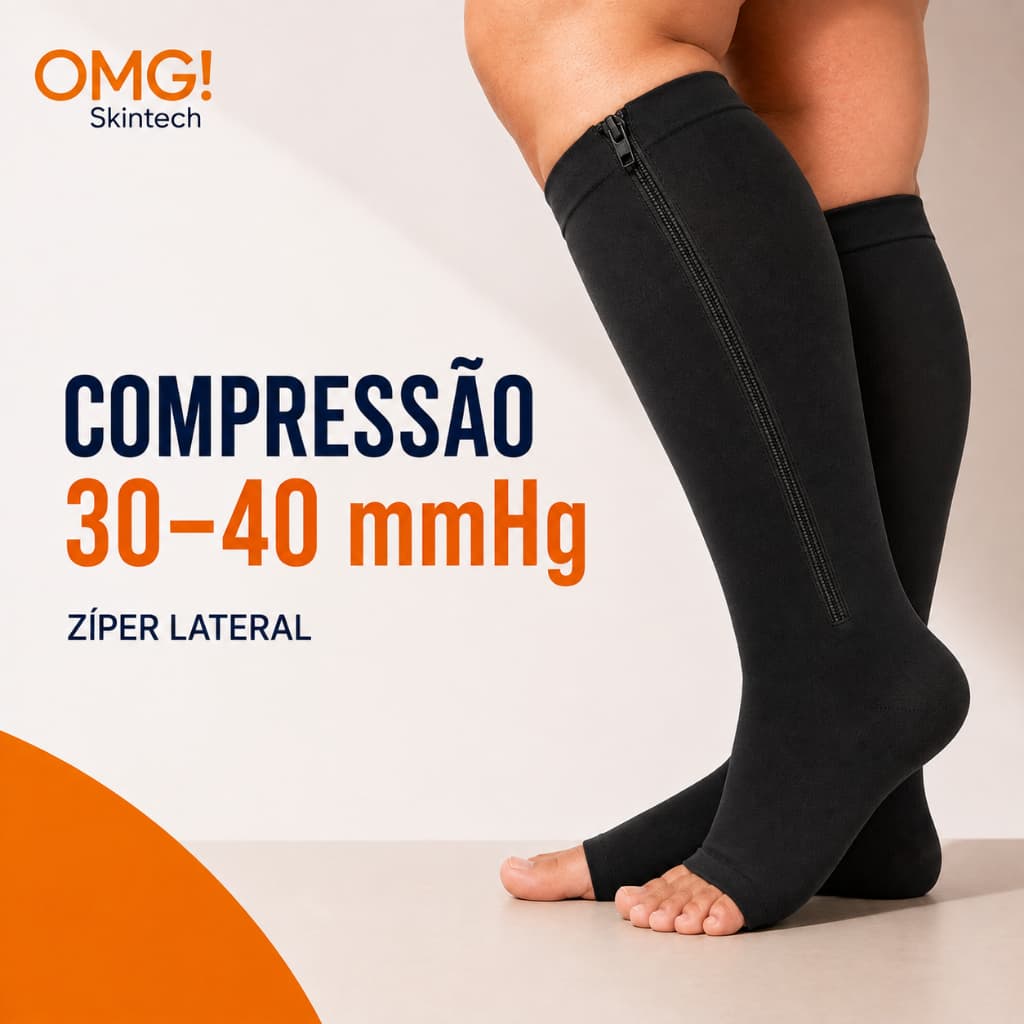 Meia Compressão PRETA 30-40mmHg 3/4 Zíper Lateral Unissex Pernas Cansadas Prime Confort - ANTITROMBO