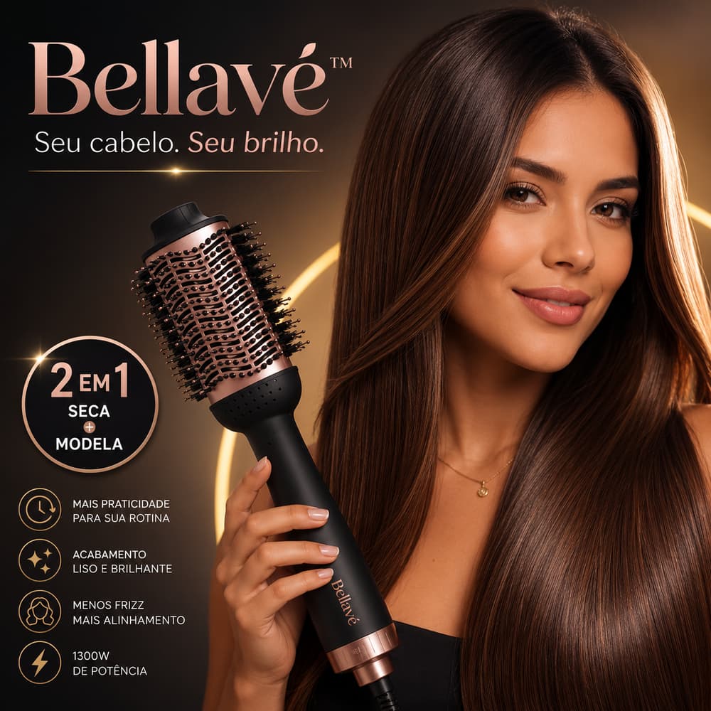Escova Secadora 1300W Bellavé™ Bivolt Automática | 2 em 1 Secador e Modeladora, Alisa, Dá Volume, Reduz Frizz e Dá Brilh