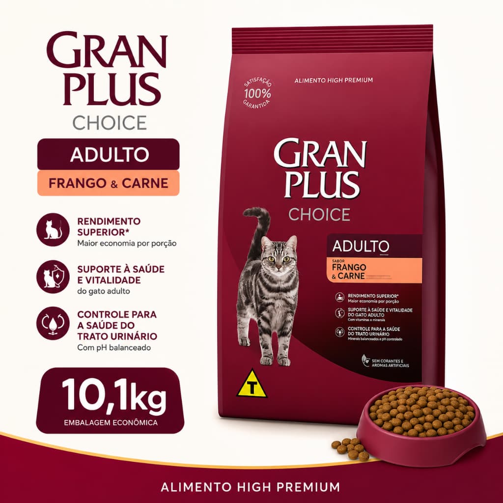 Ração Gran Plus para Gatos Adultos Frango e Carne 10,1kg - Alimento Completo, Proteínas de Qualidade, Sem Conservantes