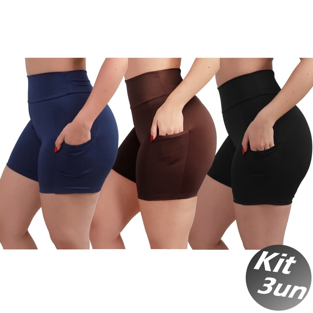 Kit 3 Short Bermuda com Bolso Fitness Feminino Cós alto Academia