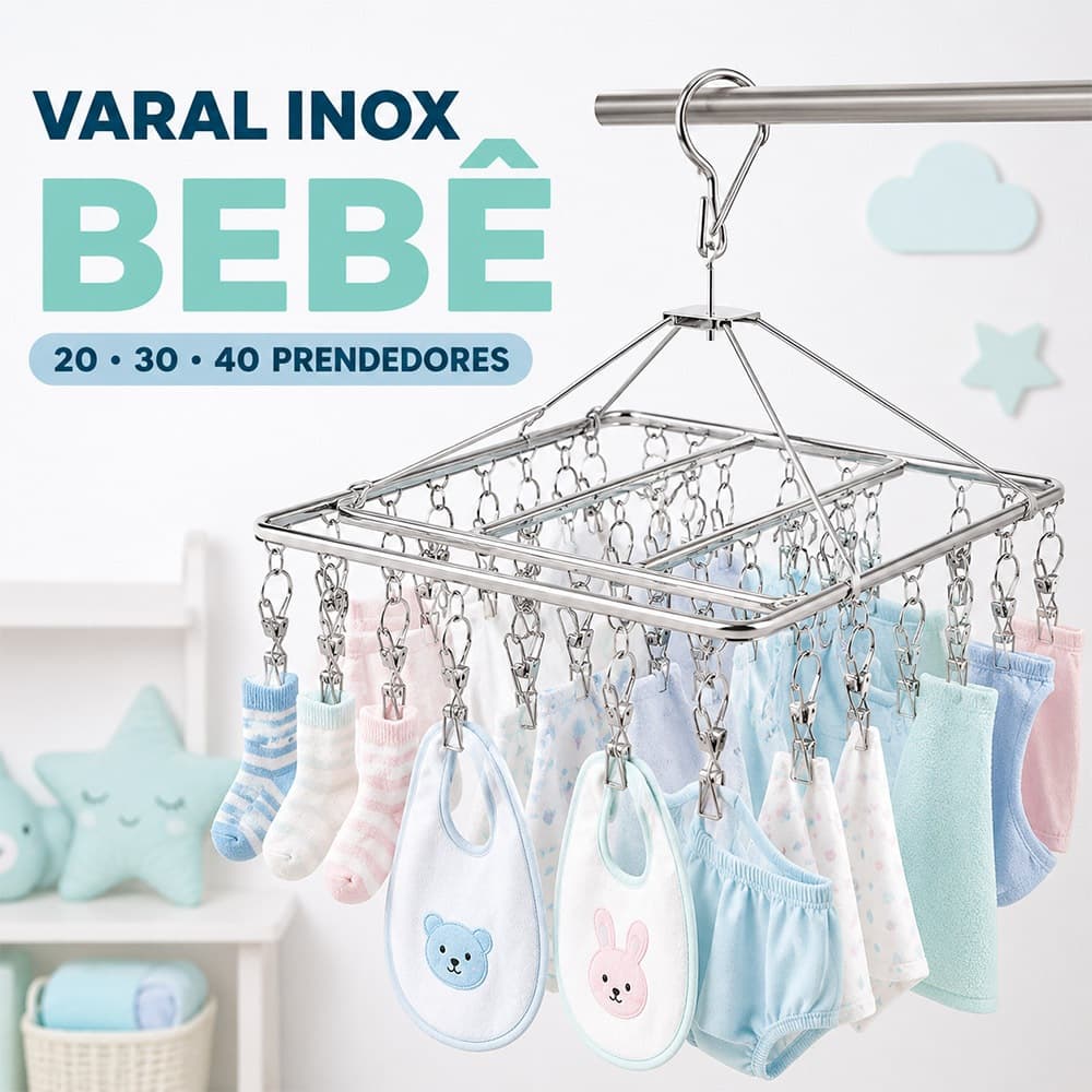 Varal Inox Dobrável com 40 Prendedores Antiferrugem para Roupas Íntimas Meias e Bebê