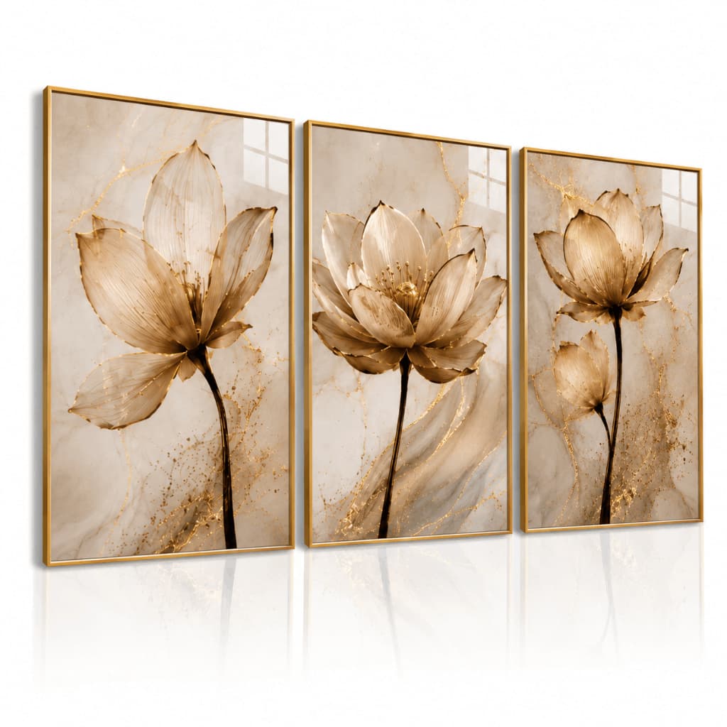 Kit 3 Quadros Decorativos Flor de Lótus Dourada Floral Luxo Sala Quarto Escritório Decoração MDF Premium