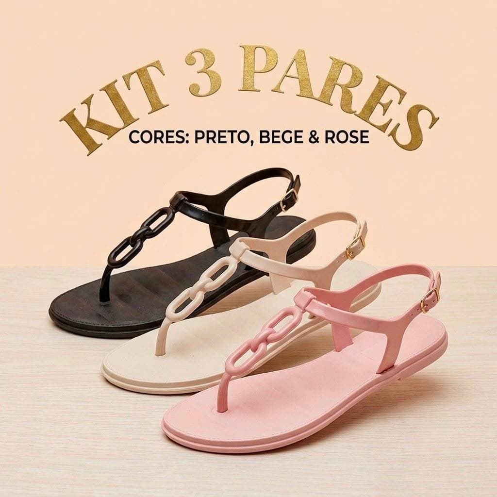 Kit 3 Pares Sandália Corrente Injetada Tendência Minimalista para Seu Look de Verão e Carnaval
