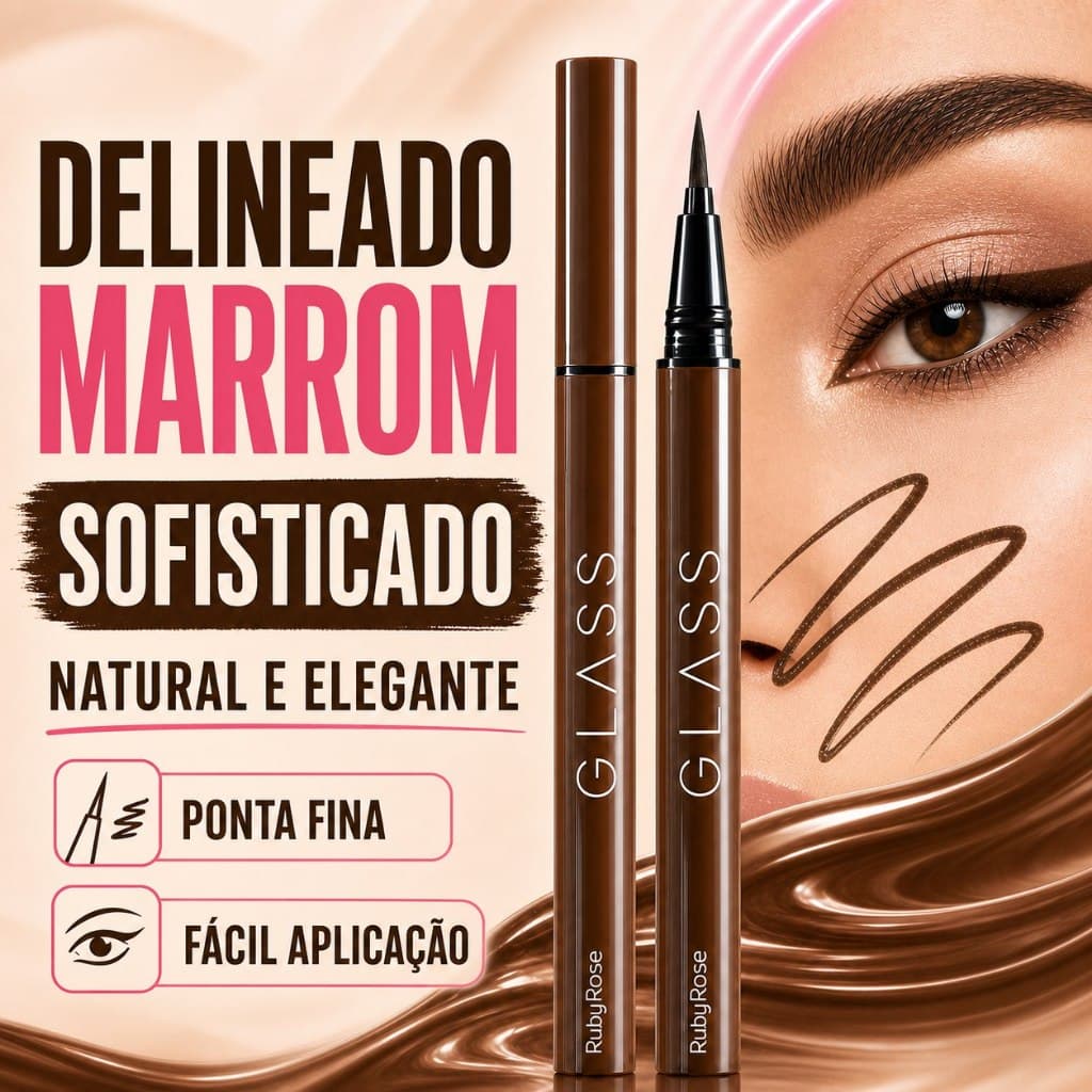 Caneta Delineadora Ruby Rose Glass Marrom HB527 Ponta Fina Longa Duração Brown Original Olhos