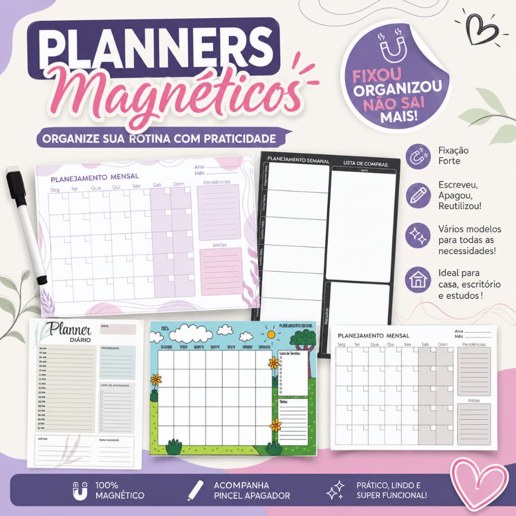 Planner Magnético Geladeira A4 Semanal Mensal Lousa Ímã Organizador com Caneta Escreve e Apaga