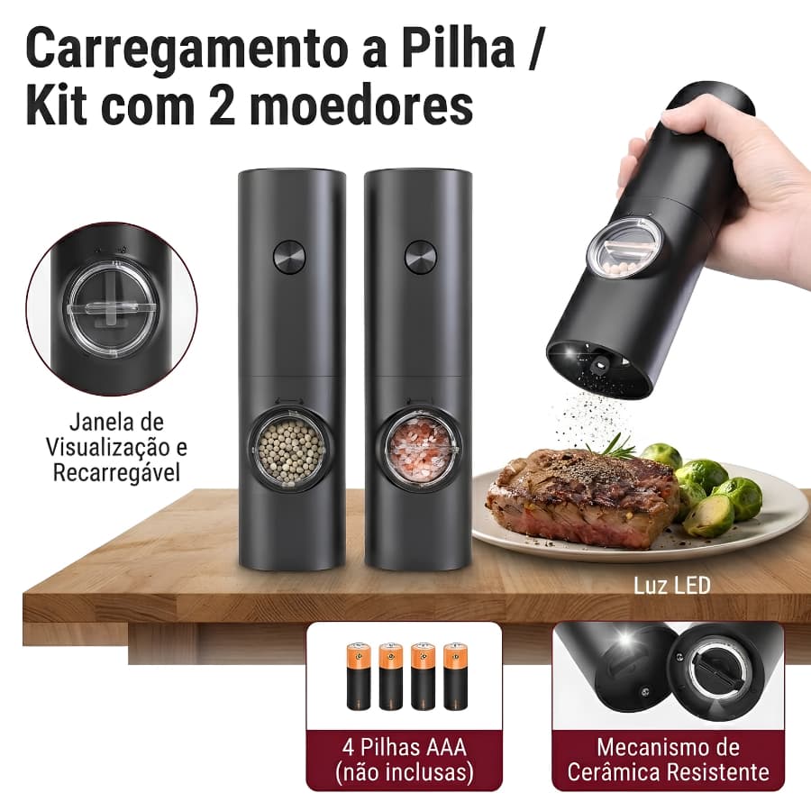 Kit 2 Conjunto de Moedor Elétrico de Sal e Pimenta Automático Saleiro Tempero Pimenteiro Recarregável a Pilhas Resistent