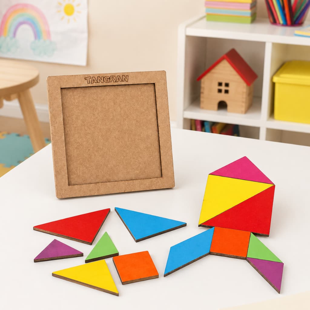 Quebra Cabeça Jogo Tangram Colorido Brinquedo Pedagógico Em MDF