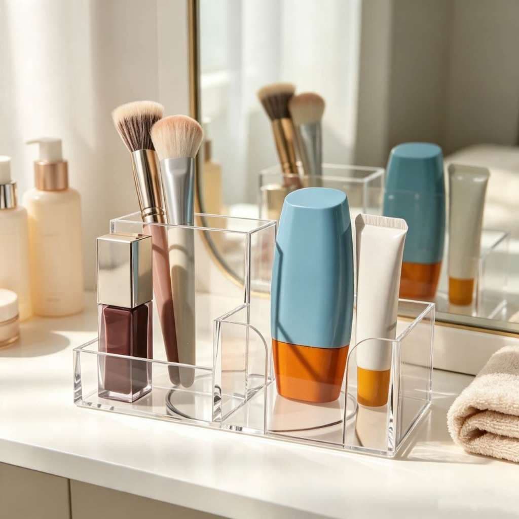 Organizador de Maquiagem em Acrílico Transparente Porta Cosméticos Skincare Perfumes e Pincéis para Bancada